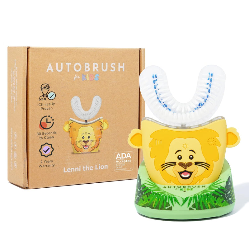Autobrush Kids Electric Toothbrush – Only ADA Accepted U-Shaped Toothbrush, Clinically Proven Up To 5.1X Better Cleaning, 30 Seconds, Full-Mouth 360 Coverage, LED Lights, Music, Ages 3-5, Lion