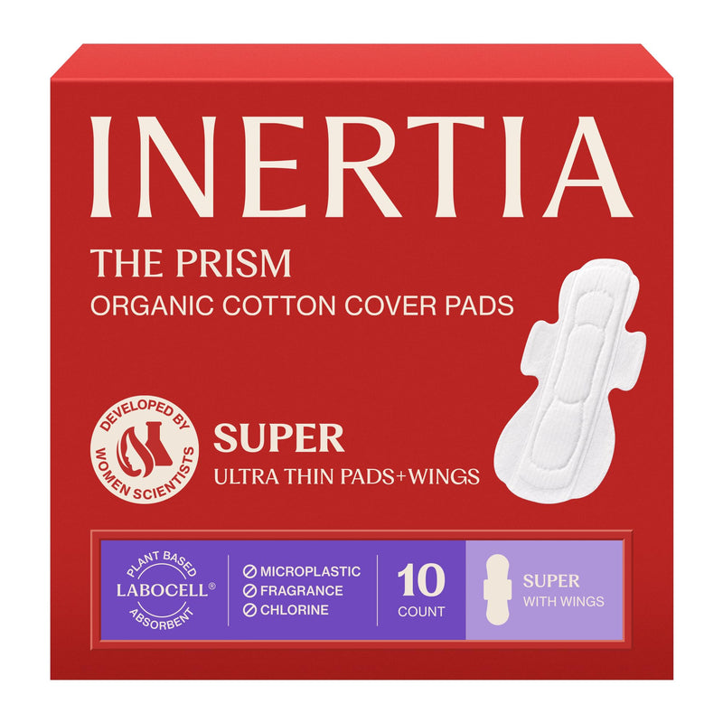 INERTIA The Prism Super – Truly Organic Ultra Thin & Leak-Proof Organic Cotton Korean Pads With Wings | Heavy Absorbency | Hypoallergenic, Super Absorbent, Chlorine-Free & Fragrance-Free (10 Count)
