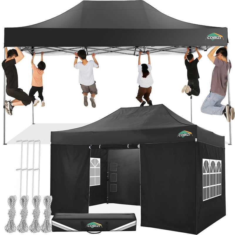 COBIZI 10X15 Pop Up Canopy Tent 10X15 Canopy With 4 Sidewalls Waterproof Heavy Duty Commercial Tent For Parties Outdoor Garden Gazebo, Carry Bag(10X15ft, Black) (LOCAL PICKUP ONLY)