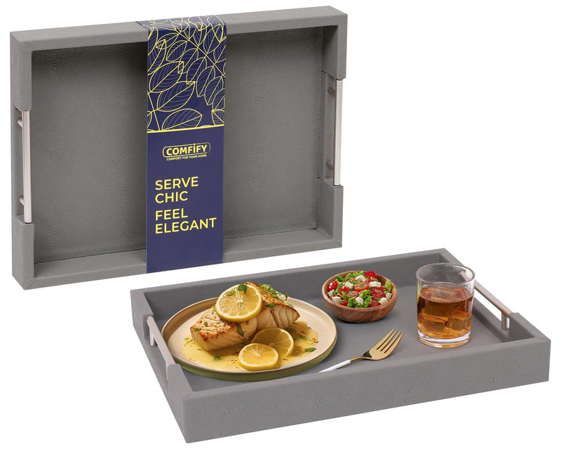 Decorative Serving Tray - Grey Faux Leather + Golden Stainless Steel Handles - Use With Ottoman, Coffee Table, Cosmetics, Jewelry, Skincare, Décor Organization & More - 12 X17 Inch Comfify