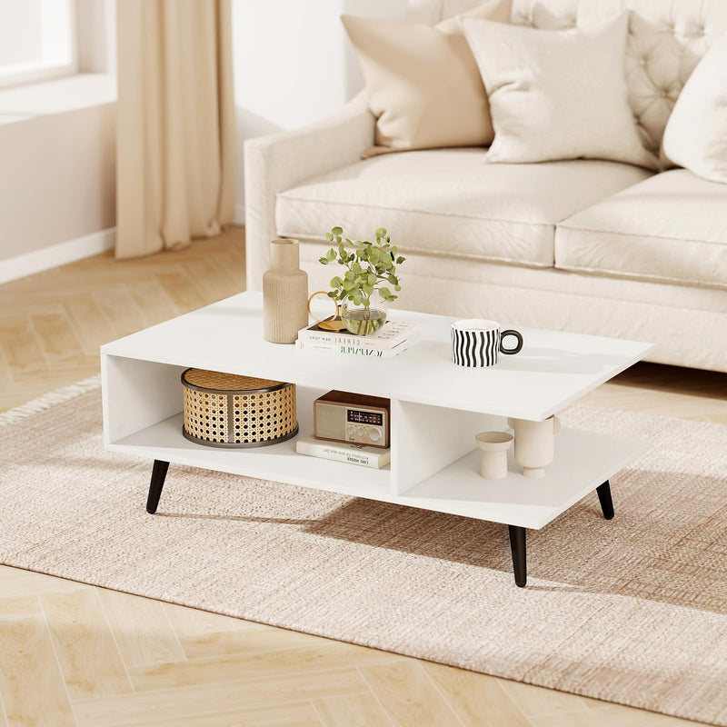 GOFLAME Small Wood Coffee Table, Mid Century Modern, 2-Tier, White (LOCAL PICKUP ONLY)