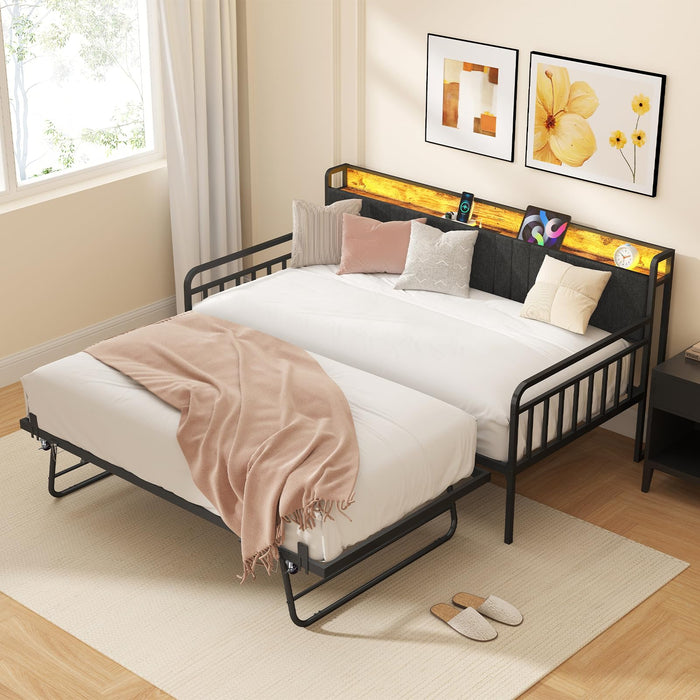 Zevemomo Twin Daybed With Pop Up Trundle, Heavy Duty Metal Twin Bed Frame With LED Lights Charging Station Upholstered Headboard, Daybed With Trundle Bed For Living Room Bedroom Guest Room, Black (LOCAL PICKUP ONLY)