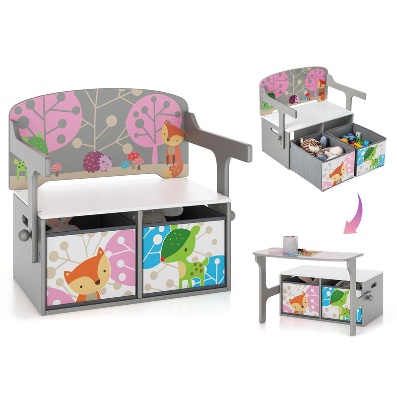 HONEY JOY Kids Table And Chair Set, 3-In-1 Convertible Wooden Toy Storage Bench With Handle, 2 Bins For Kids Reading Nook, Toddler Table And Chair Set For Daycare Playroom Classroom (Gray) (LOCAL PICKUP ONLY)