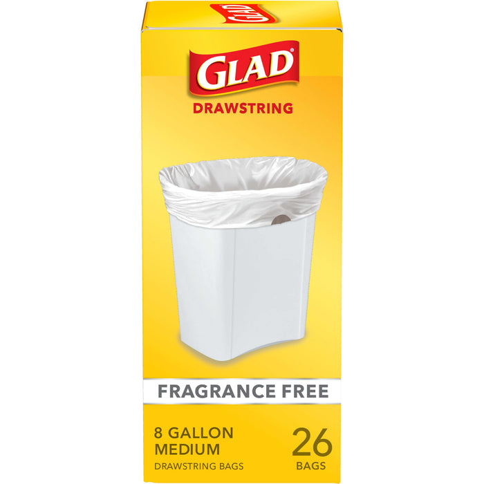 Glad Medium Drawstring Trash Bags, 8 Gallon, White, Fragrance Free, 26 Count, Pack May Vary