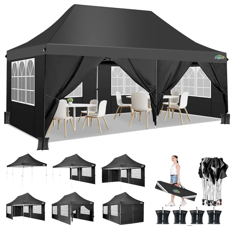 COBIZI 10X20ft Pop Up Canopy Tent With 6 Removable Sidewalls, Easy Up Commercial Canopy, Waterproof And UV50+ Gazebo With Portable Bag, Adjustable Leg Heights,Party Tents For Parties, With 4 Sandbags (LOCAL PICKUP ONLY)
