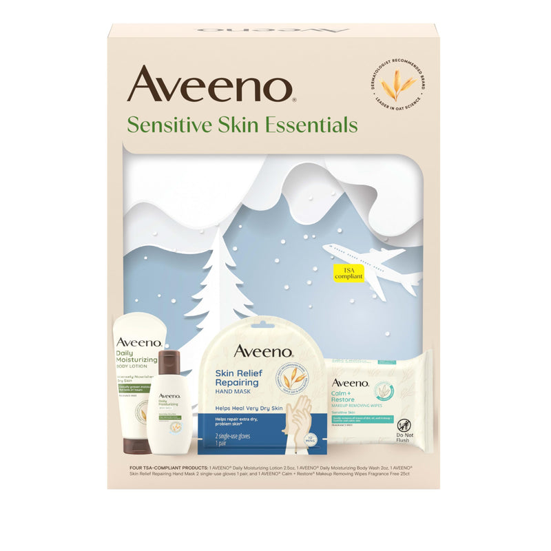 Aveeno Sensitive Skin Essentials Gift Set With Daily Moisturizing Lotion, Moisturizing Body Wash, Calm And Restore Makeup Removing Wipes And Skin Relief Repairing Hand Mask, 4 Items
