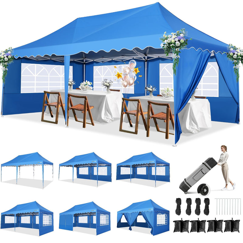 HOTEEL Pop Up Canopy Party Tent, Easy Up 10X20 Canopy With Sidewalls & Church Windows, Waterproof Outdoor Canopy Tent With 4 Sandbags For Backyard, Parties, Wedding, Event, Blue (LOCAL PICKUP ONLY)