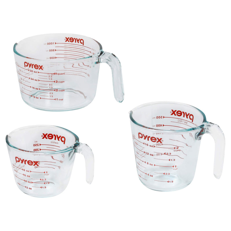 Pyrex Essentials (3-Pack) Glass Measuring Cups Set, (1, 2 & 4 Cup) Measuring Cups For Prepping, Baking And Cooking, Preheated Oven, Dishwasher, Freezer, And Microwave Safe