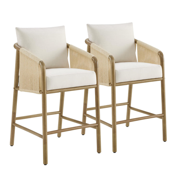 CHITA Paper Cord Braid Counter Height Barstools Set Of 2, Fabric Upholstered Woven Rope Counter Stools With Back And Armrest For Kitchen Island Home Bar, 27" Seat Height, Cream (LOCAL PICKUP ONLY)
