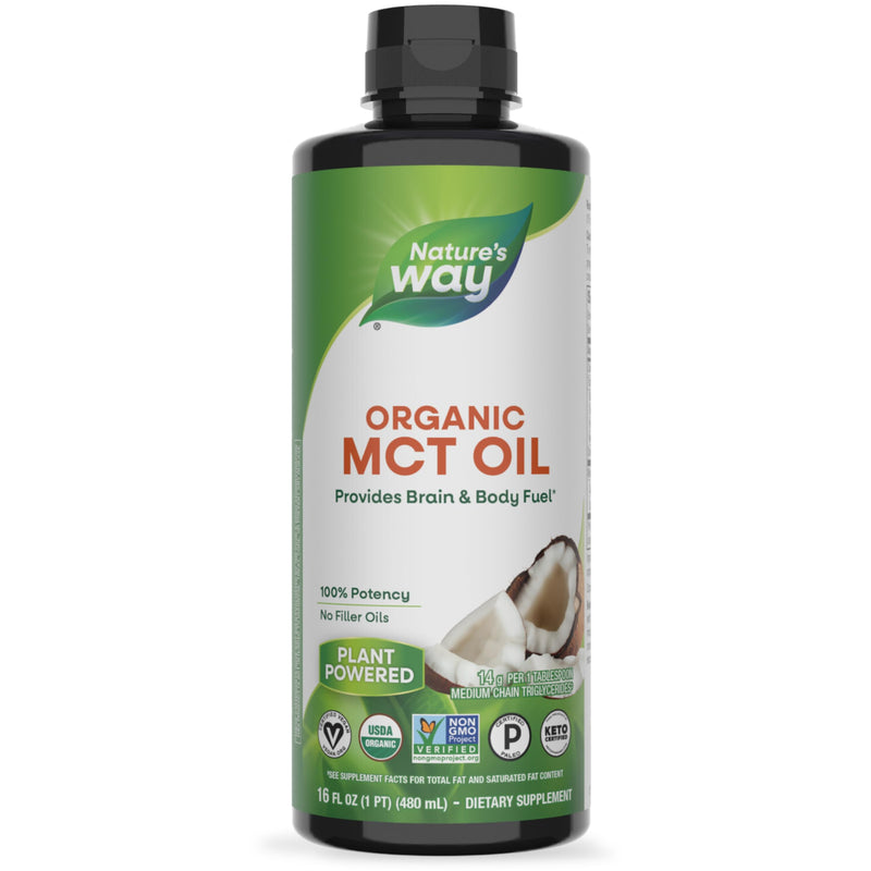 Nature's Way Organic MCT Oil, 16 Fl Oz, Brain And Body Fuel From Coconuts*, C8 Caprylic Acid And C10 Capric Acid, Keto And Paleo Certified, Organic, Non-GMO Project Verified (Packaging May Vary)
