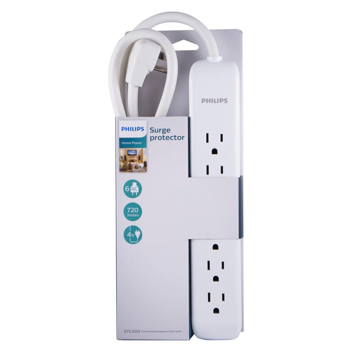 Philips 6-Outlet Surge Protector with 4ft Extension Cord, White