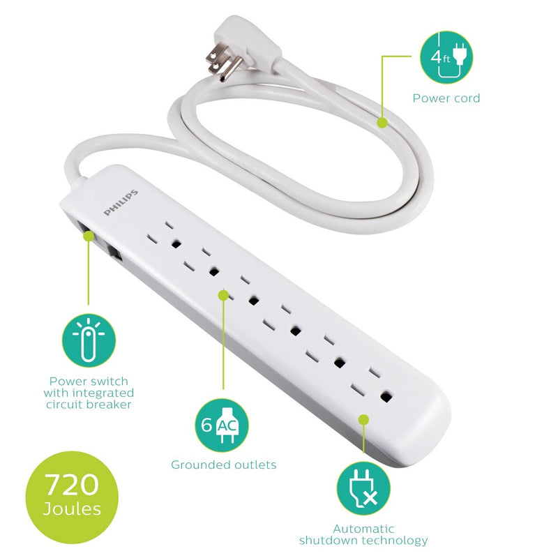 Philips 6-Outlet Surge Protector with 4ft Extension Cord, White
