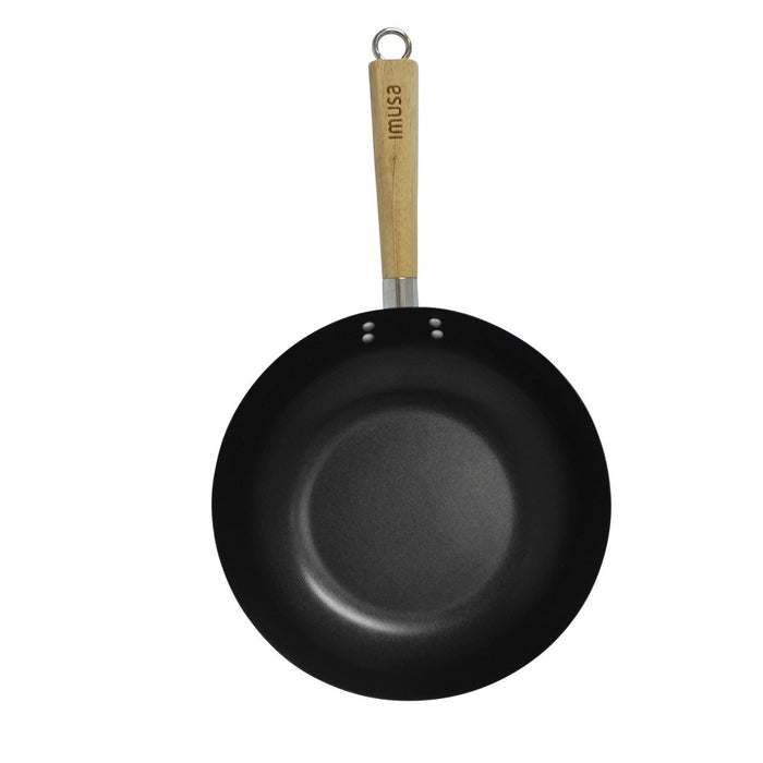 IMUSA 11" Carbon Steel Wok with Wooden Handle Black