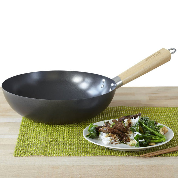 IMUSA 11" Carbon Steel Wok with Wooden Handle Black