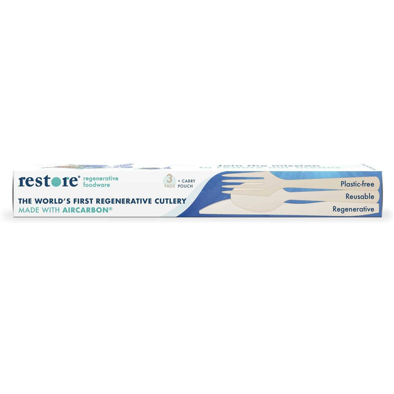 Restore Foodware AirCarbon Natural Cutlery Pack with Bag - 3pc. Plastic-free, reusable, regenerative