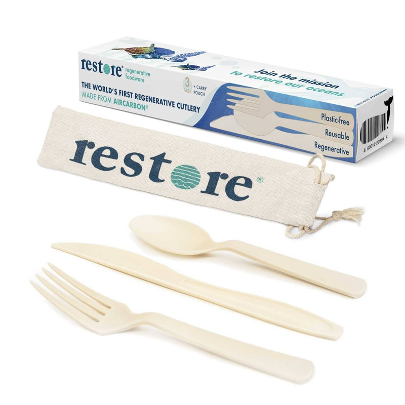 Restore Foodware AirCarbon Natural Cutlery Pack with Bag - 3pc. Plastic-free, reusable, regenerative