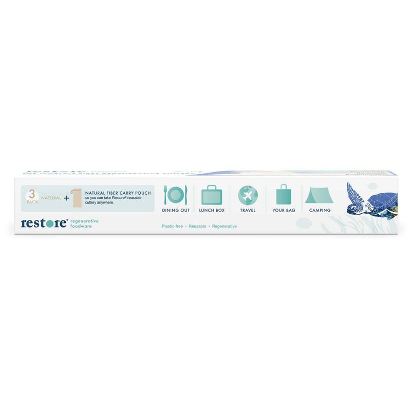 Restore Foodware AirCarbon Natural Cutlery Pack with Bag - 3pc. Plastic-free, reusable, regenerative