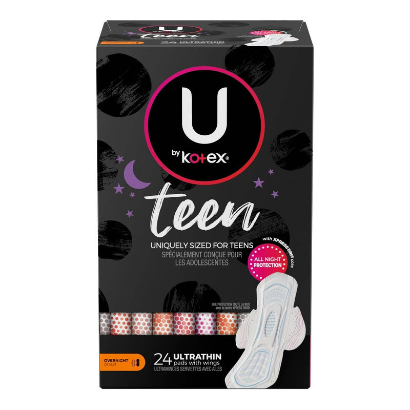 U by Kotex Ultra Thin Teen Unscented Overnight Feminine Pads with Wings - 24ct