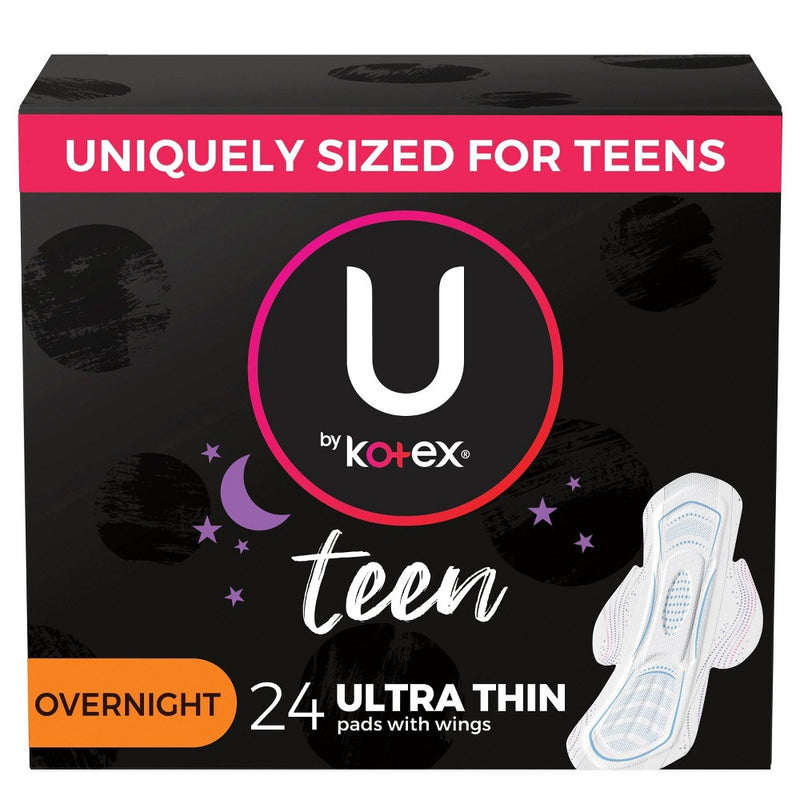 U by Kotex Ultra Thin Teen Unscented Overnight Feminine Pads with Wings - 24ct