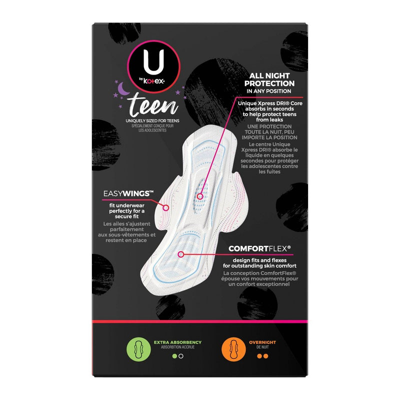 U by Kotex Ultra Thin Teen Unscented Overnight Feminine Pads with Wings - 24ct