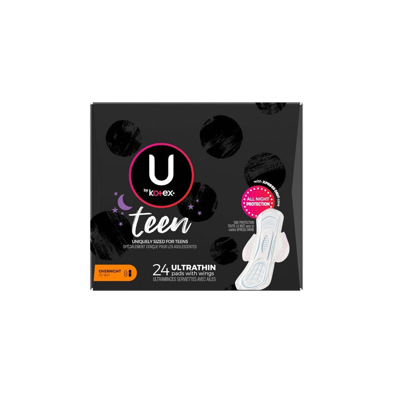 U by Kotex Ultra Thin Teen Unscented Overnight Feminine Pads with Wings - 24ct
