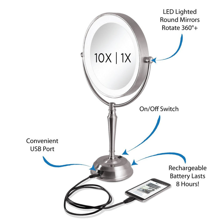 Zadro Next Generation LED Lighted Vanity Mirror with USB Port Satin Nickel - 10X/1X