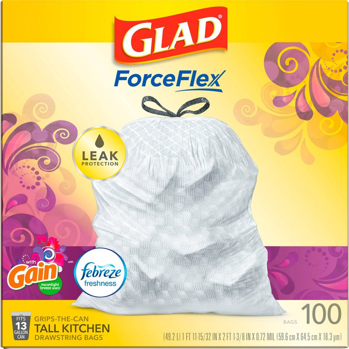 Glad ForceFlex White Trash Bags Gain Moonlight Breeze Scent with Febreze Freshness 13 Gallon - 100ct