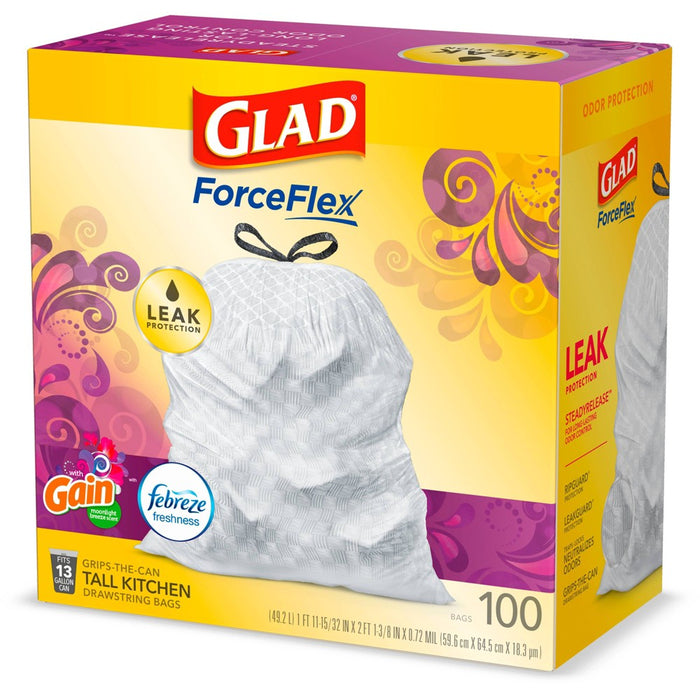 Glad ForceFlex White Trash Bags Gain Moonlight Breeze Scent with Febreze Freshness 13 Gallon - 100ct