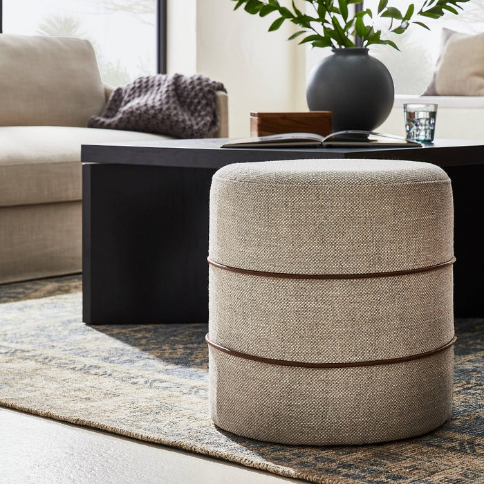 Catalina Round Ottoman Cream with Leather Piping - Threshold designed with Studio McGee