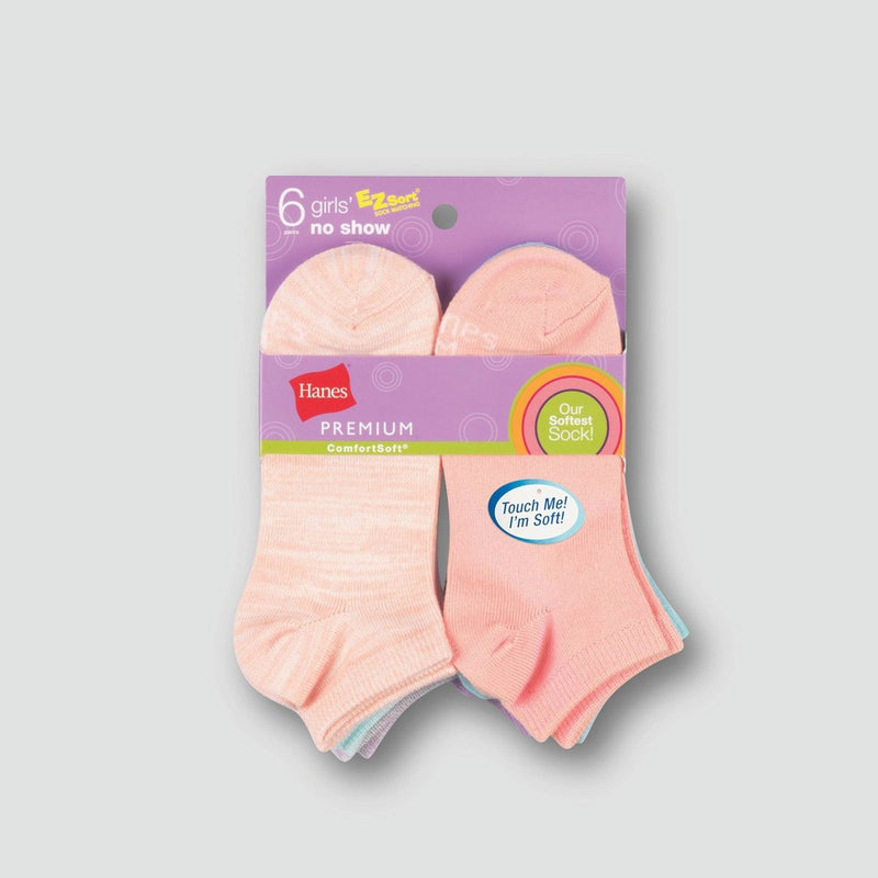 Hanes Premium Girls' 6pk Super Soft No Show Socks - Colors Vary M