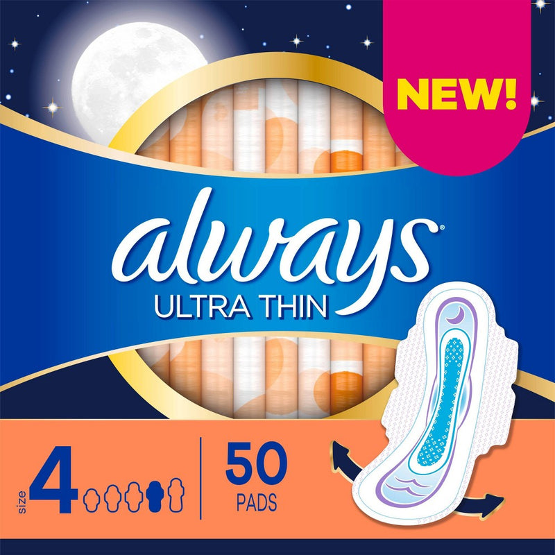 Always Ultra Thin Overnight Absorbency Unscented Pads with Wings - Size 4 - 50ct