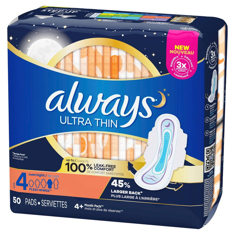 Always Ultra Thin Overnight Absorbency Unscented Pads with Wings - Size 4 - 50ct