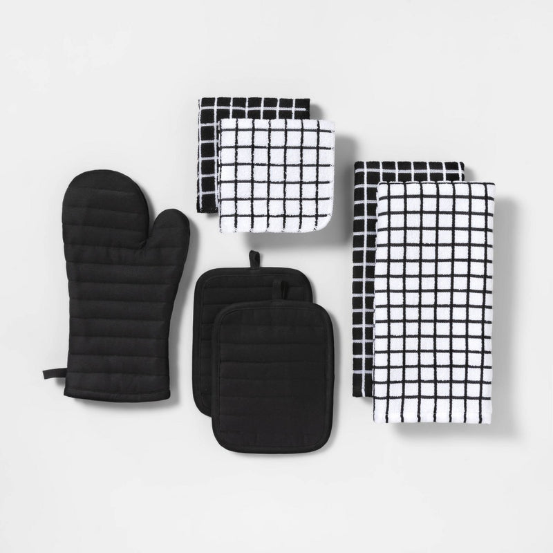 7pc Kitchen Textile Set Black - Room Essentials