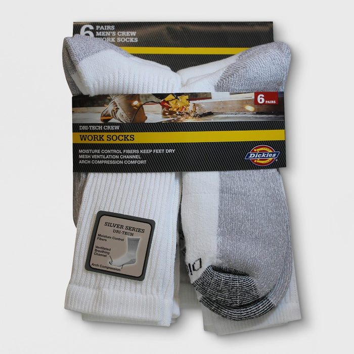 Dickies Men's Dri Tech Crew Socks 6pk - White 6-12