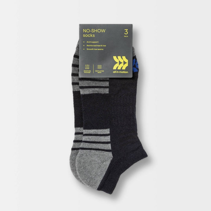 Women's Cushioned Striped Sole 3pk No Show Athletic Socks - All in Motion - Black 4-10