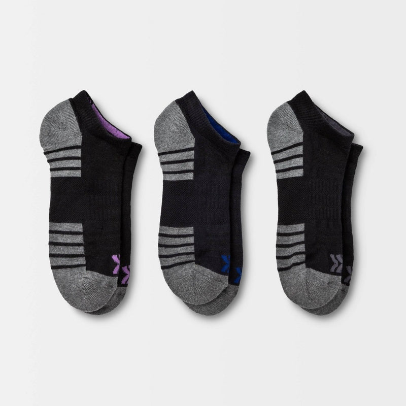 Women's Cushioned Striped Sole 3pk No Show Athletic Socks - All in Motion - Black 4-10