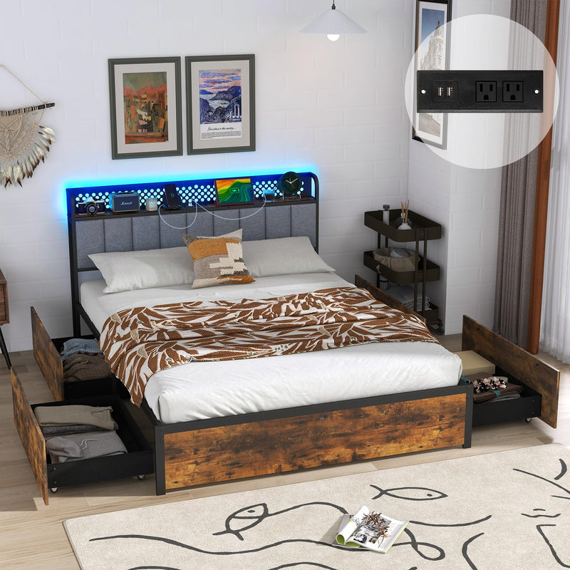 Giantex Queen LED Bed Frame With Charging Station, Metal Platform Bed With Upholstered Headboard & 4 Storage Drawers, Noise Free, No Box Spring Needed, Smart Bed Queen Size, Rustic Brown (LOCAL PICKUP ONLY)