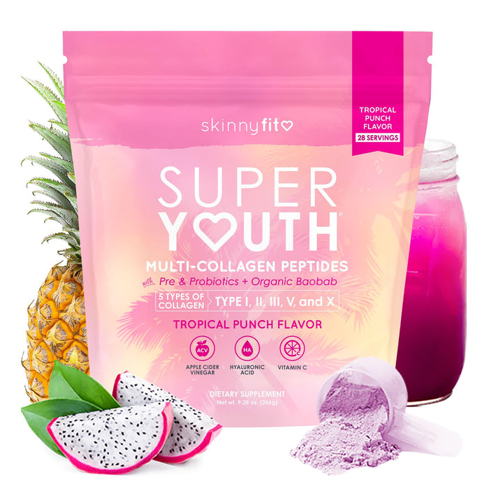 Skinnyfit - Super Youth Collagen For Women - Multi Collagen Peptides Powder - Probiotics, Fiber, Hyaluronic Acid - Non GMO, Gluten Free, Sugar Free - Beauty & Self Care - Tropical Punch (28 Servings)