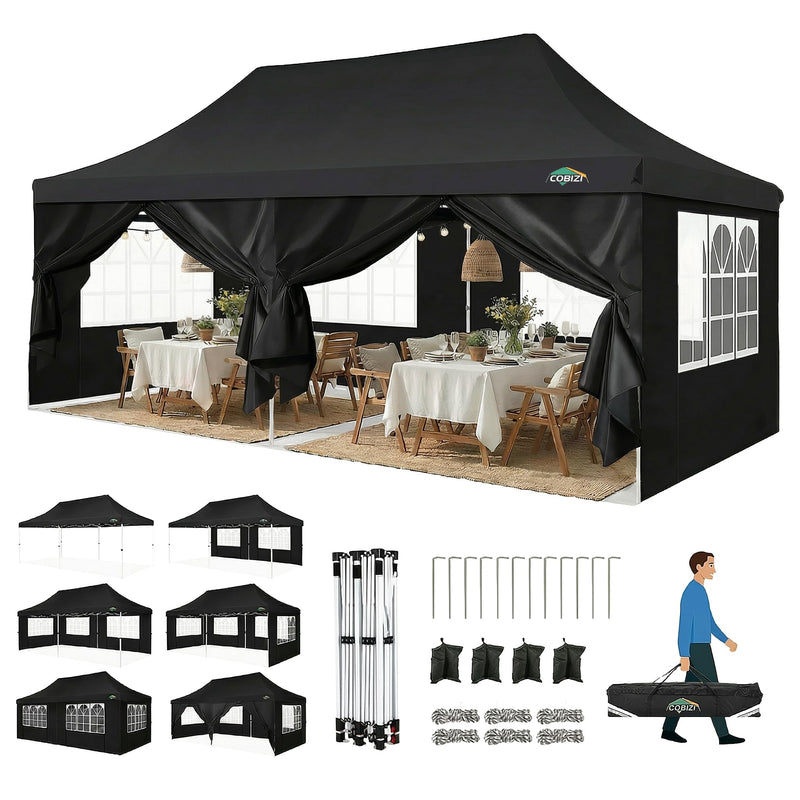 COBIZI Canopy 10X20 Pop Up Canopy Tent With 6 Sidewalls, Waterproof Commercial Canopy Ez Outdoor Instant Gazebo UV Protection 50+ Event Shelter, Garden Tents For Parties With Sandbags, Black (LOCAL PICKUP ONLY)