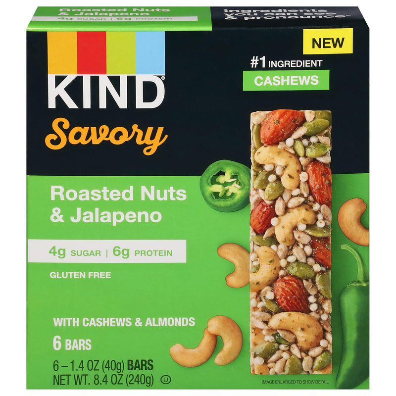 KIND Savory Nut Bars, Roasted Nuts & Jalapeno, Good Source Of Fiber, Gluten Free, Low Sugar, 6G Protein, 6 Count