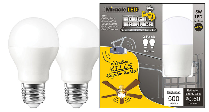 Miracleled 606542 Rough Service Led Energy Saver Household Replacement Light Bulb Areas Like Garage Door/Shop/Fan, Cool Bright White Color, 2-Pack