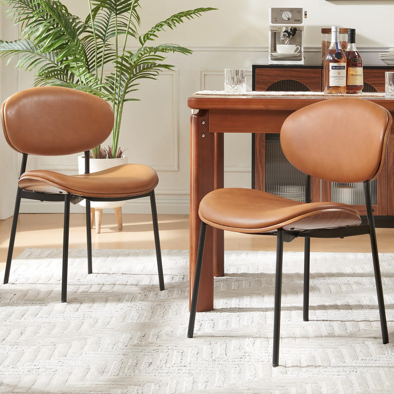 Bedspick Mid-Century Modern Dining Chairs Set Of 2, PU Leather Upholstered Dining Room Chairs With Walnut Grain Back, Bentwood Kitchen Chairs With Adjustable Feetpads For Dining Room, Kitchen, Brown (LOCAL PICKUP ONLY)