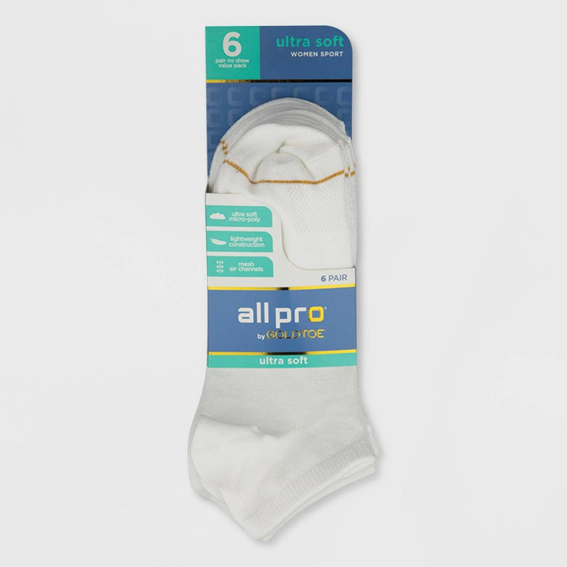 All Pro Women's 6pk Ultra Soft No Show Socks - White 4-10