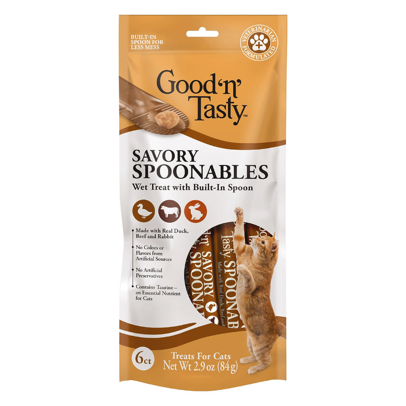 Good ‘N’ Tasty Savory Spoonables With Real Duck, Beef & Rabbit, 6 Count Tube, Triple Flavor Squeezable Lickable Wet Treats For Cats With Built-In Spoon For Less Mess