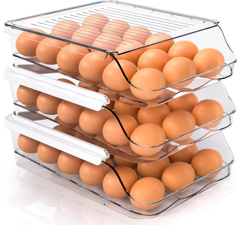 Utopia Kitchen Rolling Egg Container For Refrigerator With Lid - Stackable Plastic Egg Holder For Refrigerator - Egg Tray For Refrigerator Or Fridge Organizer – Pack Of 3 Clear