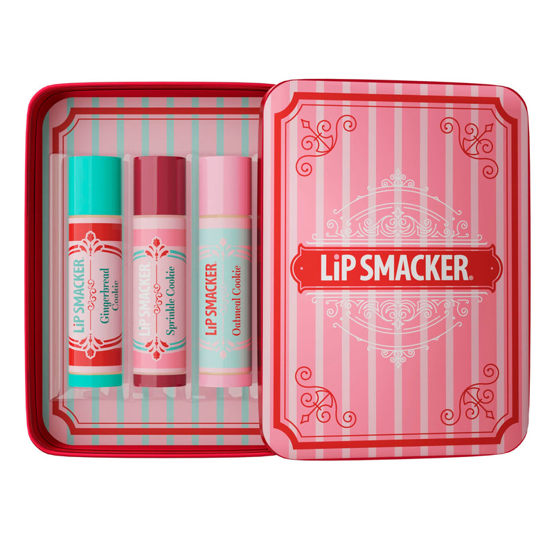 Lip Smacker Holiday Lip Balm Trio Tin – Gingerbread Cookie, Sprinkle Cookie & Oatmeal Cookie, Festive Flavored Lip Balms, Moisturizing Holiday Gift Set