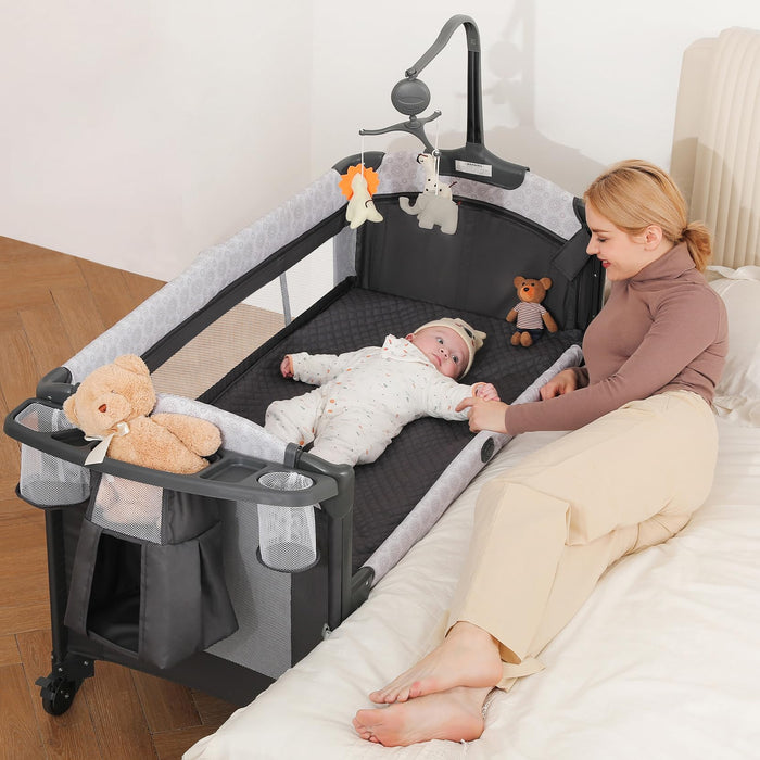 ELEMARA 4 In 1 Wide Baby Bassinet Bedside With Diaper Changer,Long Next To Bed Crib With Mattress,Sheet,Music And Blackout Cover,Playpen Travel Bed With Storage,XL Co Sleeper With 3 Adjustable Height (LOCAL PICKUP ONLY)