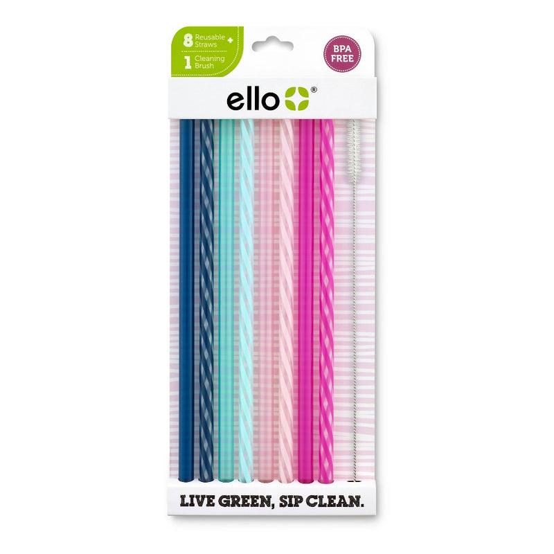Ello 8pk Plastic Straws With Cleaning Brush - Rosewater *BRAND NEW & SEALED*