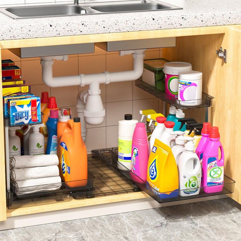 Fowooyeen Under The Sink Organizers: Sliding Kitchen Organizers And Storage 2-Tier Sliding Basket Drawer, Multi-Purpose Cabinet Storage Shelf For Kitchen Bathroom (Black, 2 Pack With Tray)