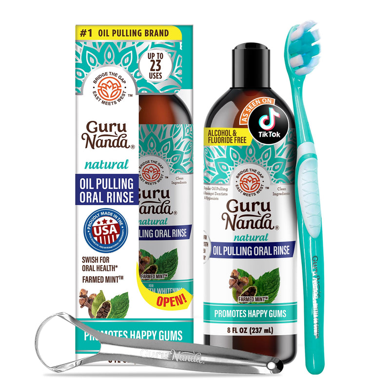 Gurunanda Cocomint Oil Pulling Mouthwash For Complete Oral Hygiene, 7 Essential Oils & Vitamins For Happy Teeth & Gums & Fresh Breath , Alcohol-Free, 8 Oz